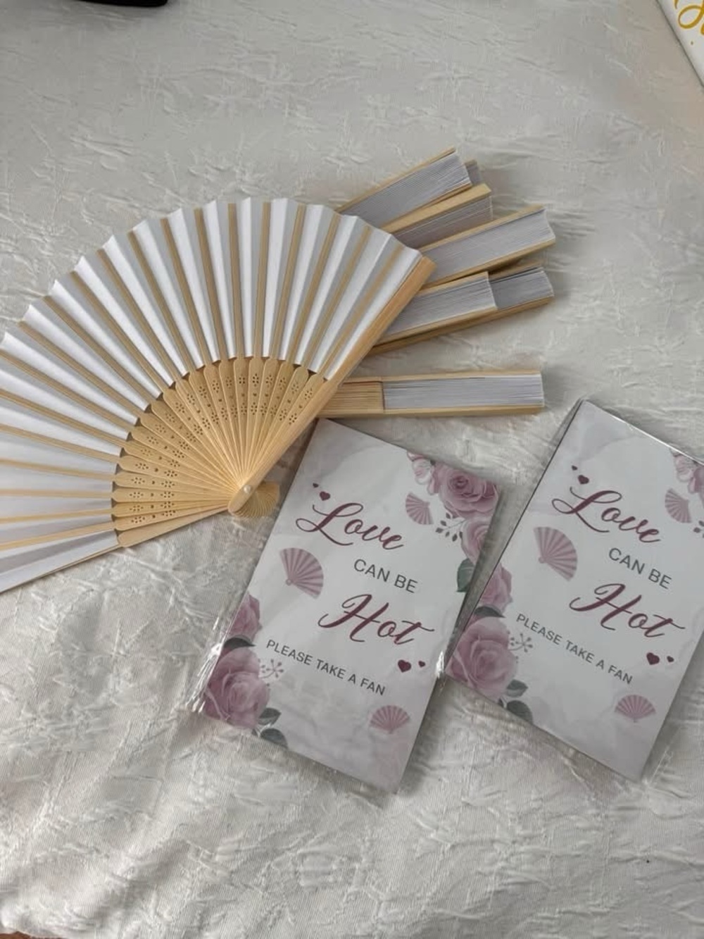 White and Natural Handheld Folding Fan - Love Can Be Hot Signs